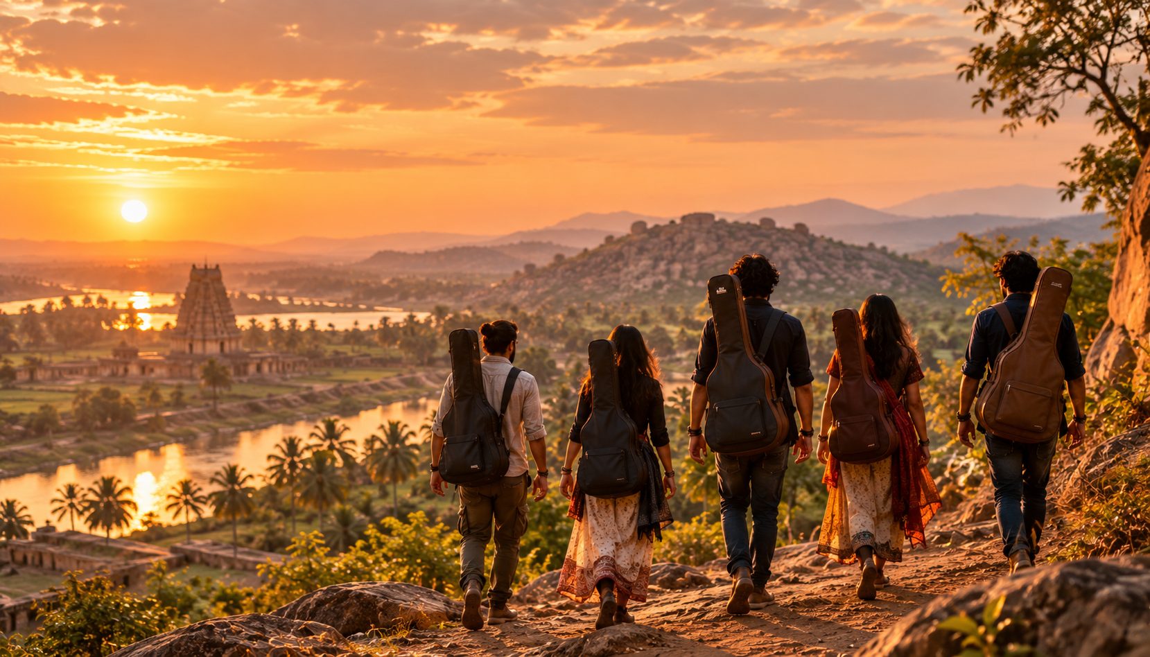 Five musicians carrying guitar cases walk along a hilltop path at sunset, overlooking a temple and a river