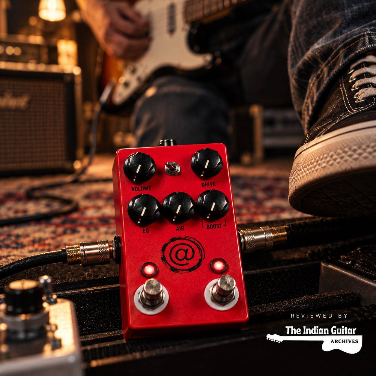 The JHS Andy Timmons AT+ Drive pedal on a pedalboard