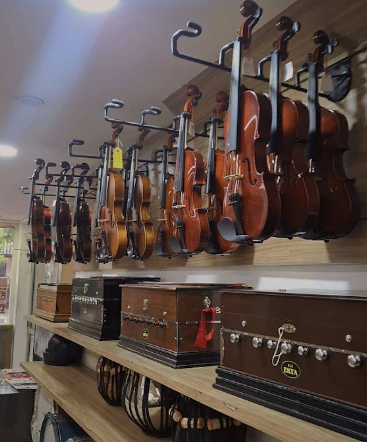 Violins and harmoniums on display at Shruthi Musicals