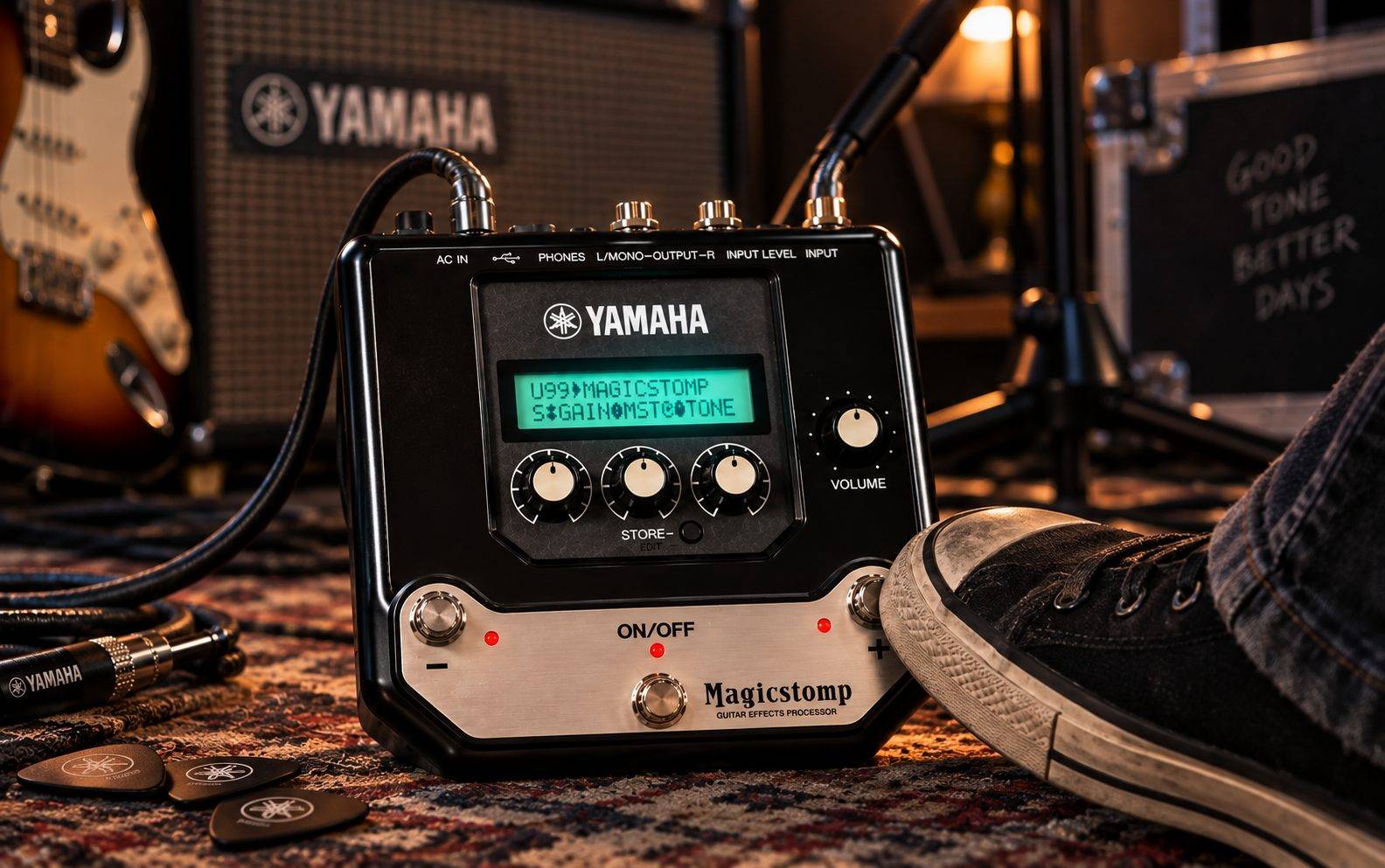 Yamaha Magicstomp on a pedalboard, foot resting near the footswitch