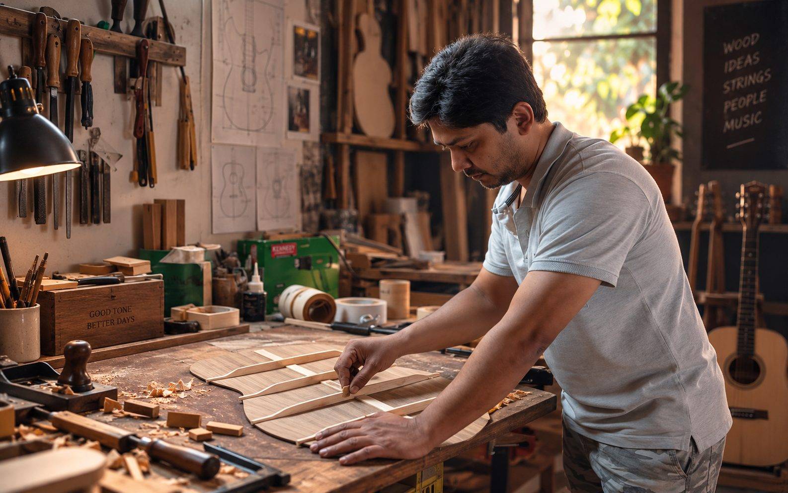 Rahul Waghmare working on a guitar in his workshop